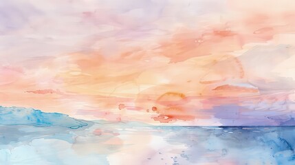 Wall Mural - An ethereal watercolor sunset painting with soft peach, rose, and lavender tones blending into twilight blues and purples over a coastal scene.