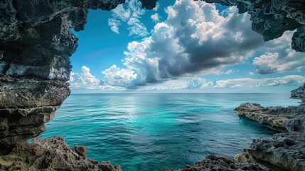 Wall Mural - An expansive ocean view framed by a natural archway of rock, with subtle clouds drifting over the serene waters beyond.