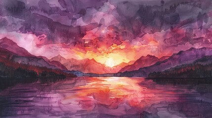 Wall Mural - An evocative watercolor sunset painting illustration blending fiery coral and magenta tones into twilight purple over a peaceful mountain lake.