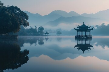 Wall Mural - The pavilion in the center of the lake and the mountains in the distance