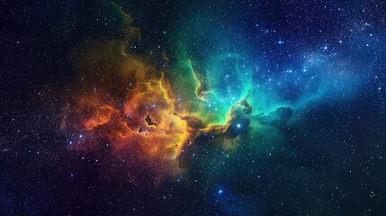 Wall Mural - An expansive view of a colorful nebula cloud glowing brightly against a star-studded galaxy backdrop under a deep, starry night sky.