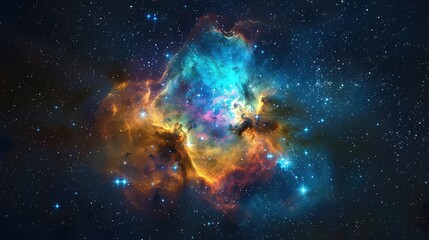 Wall Mural - An expansive view of a colorful nebula cloud glowing brightly against a star-studded galaxy backdrop under a deep, starry night sky.