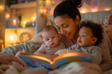 Wall Mural - A woman is reading a book to two young children