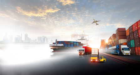 Wall Mural - Container truck in ship port for business Logistics and transportation of Container Cargo ship and Cargo plane with working crane bridge in shipyard at sunrise, logistic import export 