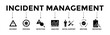 © Diyah - Incident management icons set. Vector graphic glyph style with icon of incident, process, detection, analysis, initial support, restore, and reporting