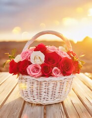 Wall Mural - bouquet of red roses in a basket bloom, nature, gift, wedding, bunch, love, floral