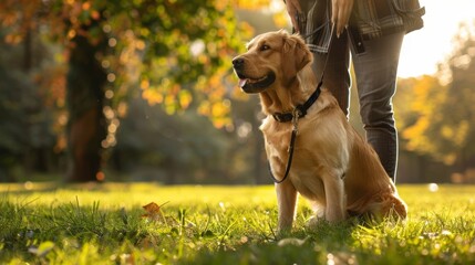 Service dog guiding visually impaired person in park, sunny day, green surroundings