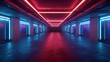 © Seksan - Empty neon garage, dark room, blue and red glow lights, futuristic design, modern space, AI generated