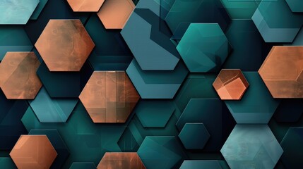 Wall Mural - an intricate geometric abstract background with fluid hexagons and gradients in shades of teal, copp