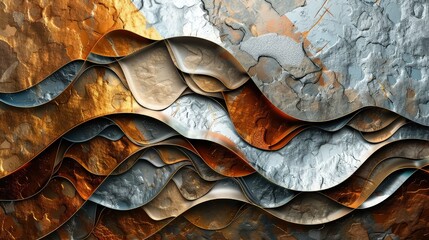 Wall Mural - an intricate textured abstract background with layered metallic textures in copper, silver, and gold