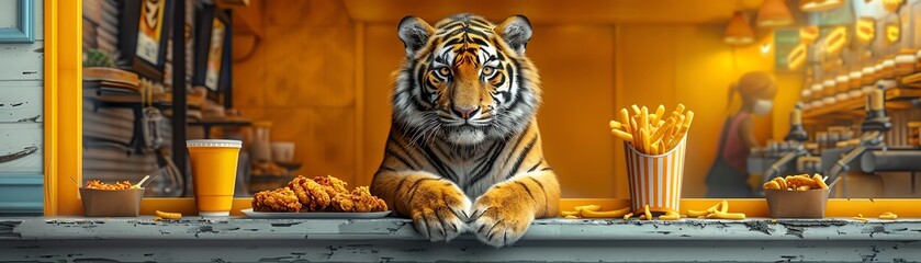 Surreal image of a tiger in a food truck serving fries, wings, and a drink. Creative depiction blending wildlife and fast food culture.