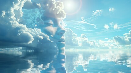 Wall Mural - A scene of digital clouds forming the face of a woman, her features crafted from swirling data and light, floating above a tranquil ocean reflecting the sky. 
