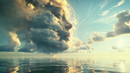 Wall Mural - a scene of digital clouds forming the face of a woman, her features crafted from swirling data and l