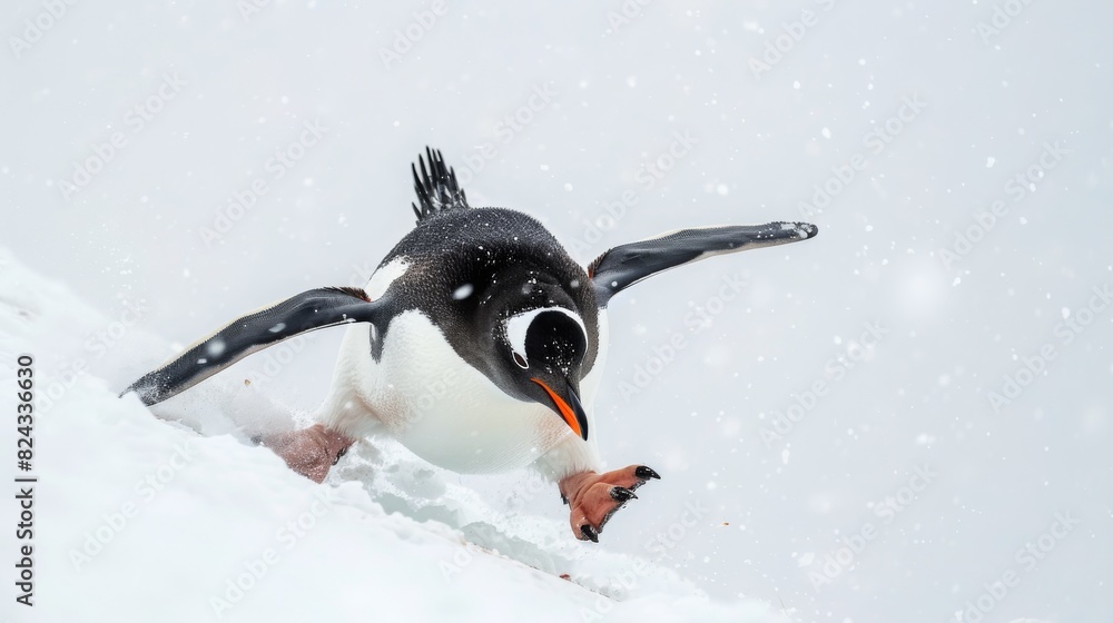 A penguin slides down an icy slope on its belly, flippers outstretched ...