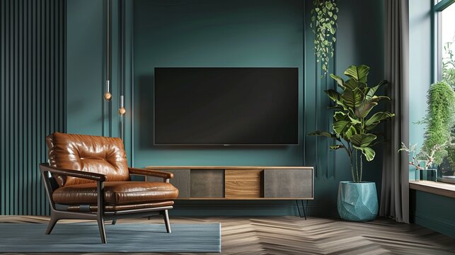 Mockup TV Wall Mounted with Leather Armchair on Pastel Dark Green Wall - 3D Rendering