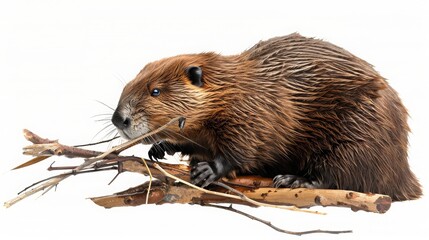 Wall Mural - A beaver builds a dam, working diligently with sticks in its mouth, isolated on a plain background