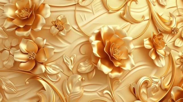 An opulent abstract gold floral texture featuring blooming petals and ornate vines, providing a warm and inviting decorative pattern.