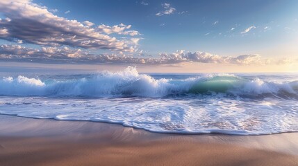 Wall Mural - Rolling waves crashing gently against a sandy beach at dawn, with light cloud cover enhancing the peaceful atmosphere.