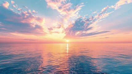 Wall Mural - The open sea under a pastel evening sky, with delicate cirrus clouds and the setting sun's glow reflecting on the calm water.