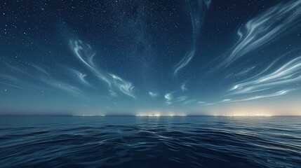 Wall Mural - The sea under a starlit sky with wispy clouds reflecting the glow of the distant city lights on the horizon.