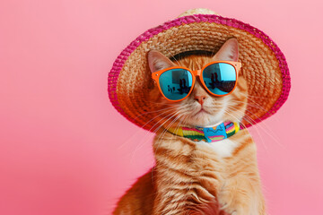 Wall Mural - Funny cute cat in sunglasses and sombrero hat on pastel background.	