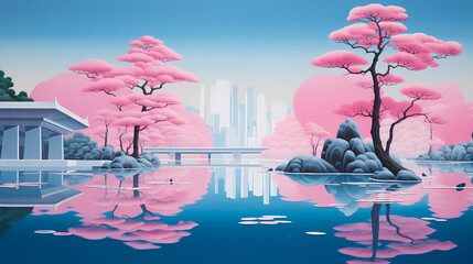Wall Mural - pink and blue style atmospheric landscape illustration abstract background decorative painting
