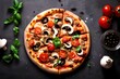 © Umaira - Pizza with olives, tomatoes and mushrooms on dark concrete background