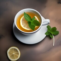 Wall Mural - Cup of herbal tea with fresh mint leaves and lemon slices1