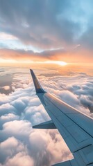 the view out the window of the plane, above the clouds, plane wing