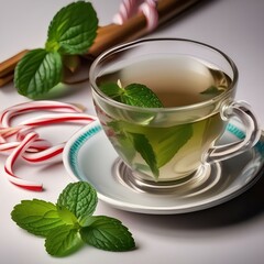 Wall Mural - Cup of peppermint tea with fresh mint leaves and a candy cane4