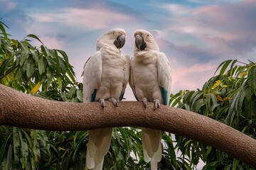 beautiful two white parrots on the tree