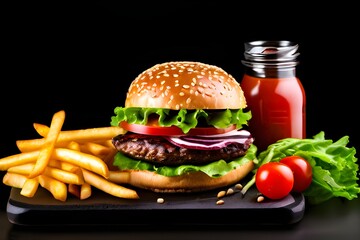 Wall Mural - Hamburger with French fries and ketchup near organic vegetables on black background
