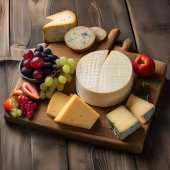 Wall Mural - Rustic wooden cutting board with assorted cheeses and fruits1