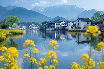 Wall Mural - In the village by the lake, rapeseed flowers are in full bloom