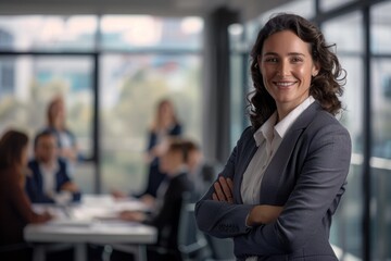 Wall Mural - Young successful businesswoman at corporate office looking at camera. Office business portrait