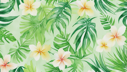 Wall Mural - Watercolor of Tropical spring floral green leaves and flowers s isolated on transparent png background, bouquets greeting or wedding card decoration, with Generative Ai