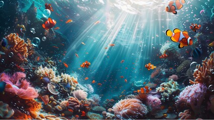 Wall Mural - Underwater world with coral reef and fish. an underwater scene. A beam of sunlight penetrates the water from above, illuminating a trail of bubbles and casting a heavenly glow