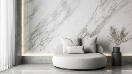 Modern home interior with cozy sofa, white marble blank wall background