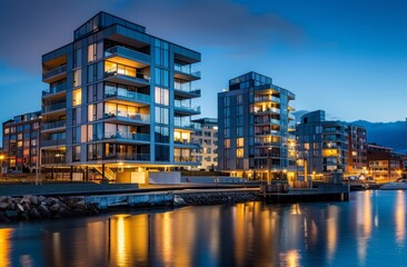 Wall Mural - Modern apartment buildings near the sea in a suburban area. Scandinavian architecture with glass facades and lights at night, street lighting in a wide angle shot