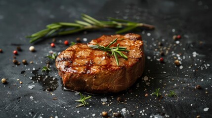 Wall Mural - Grilled savory pork or beef steak seasoned with salt spices and herbs on a textured concrete surface