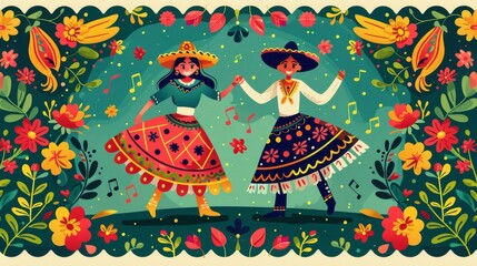 Wall Mural - Bright and festive Cinco de Mayo vector image with a couple performing a traditional Mexican dance, surrounded by floral decorations and music notes Generative AI