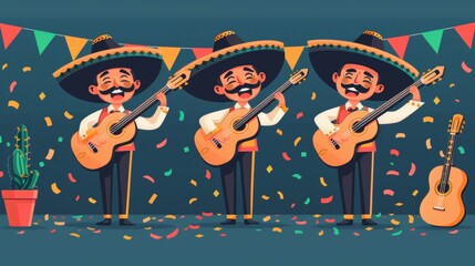 Wall Mural - Colorful Cinco de Mayo cartoon vector illustration featuring a lively mariachi band playing traditional music, with festive decorations and confetti Generative AI