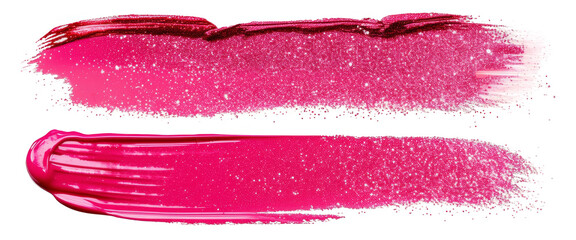 Two vibrant and glossy pink lipstick smears on a white background showcasing makeup and cosmetic products in a beauty concept.