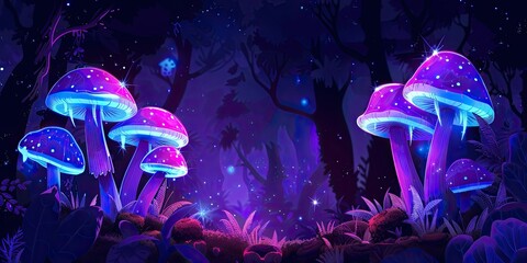 Wall Mural - cartoon style illustration of glowing mushrooms in the forest, purple and blue colors, flat design, simple shapes, high details, high poly, high resolution, high contrast.