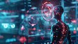 © JK_kyoto - A closeup of biosensors embedded in a patients skin, transmitting realtime health data to a holographic display, set against a futuristic medical background with neon accents