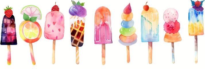 Watercolor Ice Cream Popsicles Clipart Illustration with Various Flavors