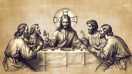 Wall Mural - Jesus' Last Supper with His Disciples, Biblical Illustration Capturing Communion, Perfect for Religious article