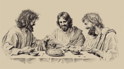Wall Mural - Jesus' Emmaus Fellowship, Biblical Illustration of Breaking Bread, Perfect for Religious article
