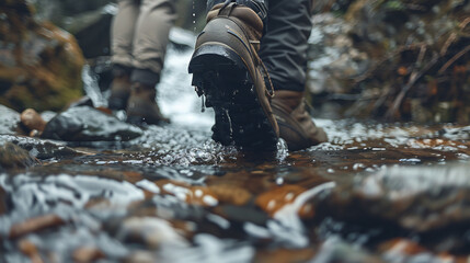 Wall Mural - Hikers Crossing a Stream, Close-up of Boots Walking Through Water in a Forested Area