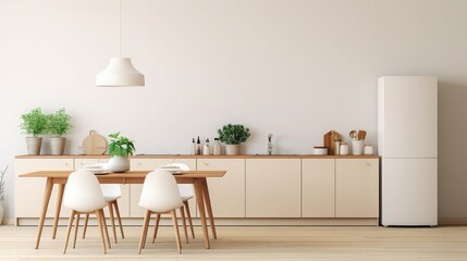Wall Mural - Minimalist scandinavian style. Dining room and light kitchen design with wooden table and white chairs, different utensils and kitchenware on furniture and small refrigerator, copy space